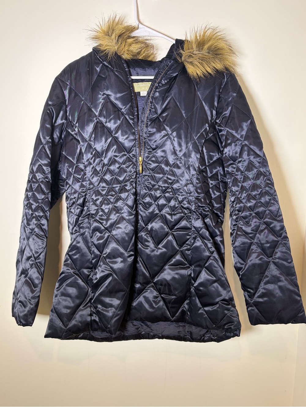 Liz Claiborne Black Quilted Hooded Puffer with Faux Fur Trim